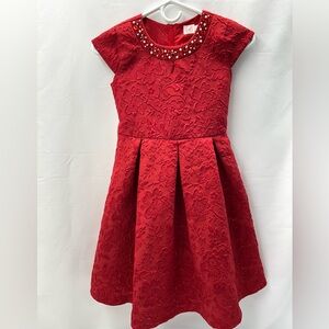 Girls Red Dress Size 10 Kids Floral Material with Pearls & Gems Short Sleeve